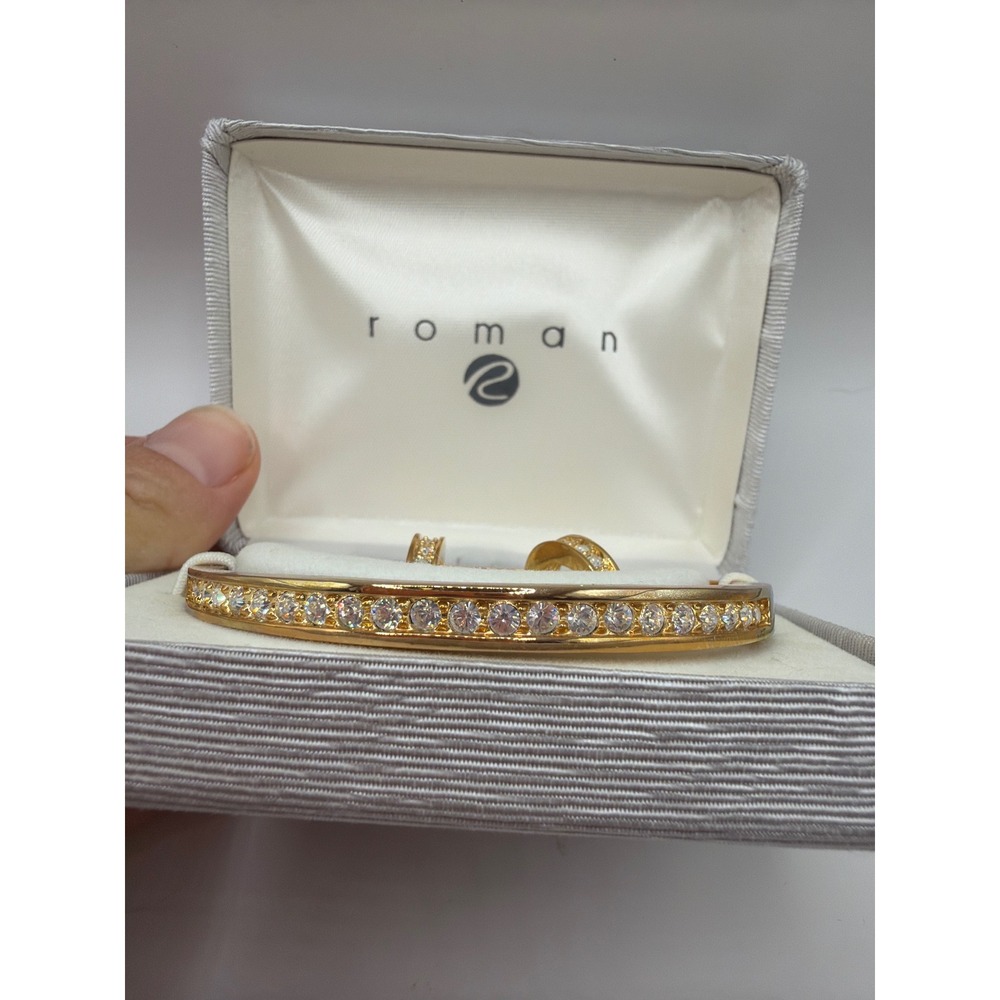NIB VTG Roman Jewelry Set Goldtone Bangle Bracelet Hoop Earrings Rhinestone‎ - Picture 2 of 5